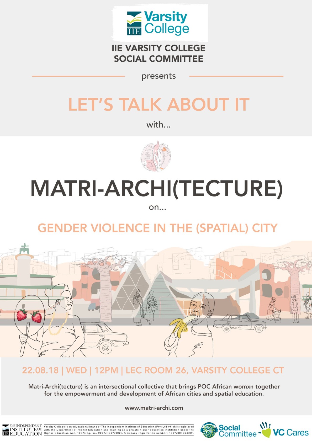 Poster of event with an illustrative collage combing architectural figures from across Africa. The colours are pale pinks, greys and yellows.