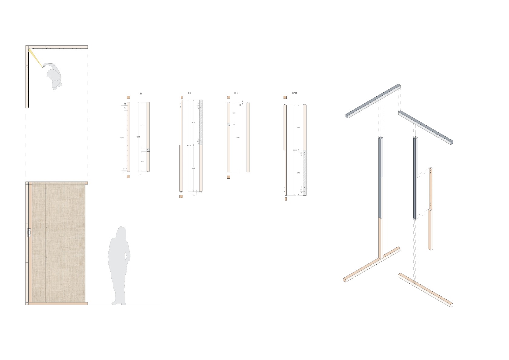 Drawing showing plans, sections and 3D views of pavilion. Pavilion is simple one-open faced triangular cone. The structural elements are timber. The surfaces are rafia.