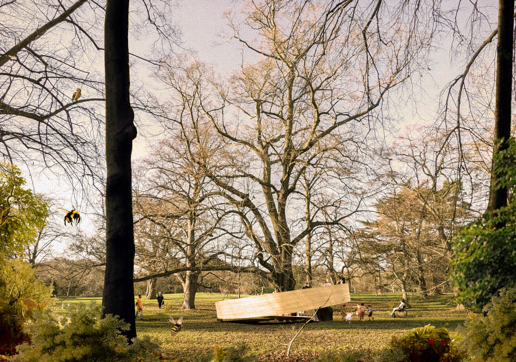 Render of proposal. The project includes a tree in the centre of a wooden angled ring that can be occupied. The exterior is seen from afar in Kew Gardens.