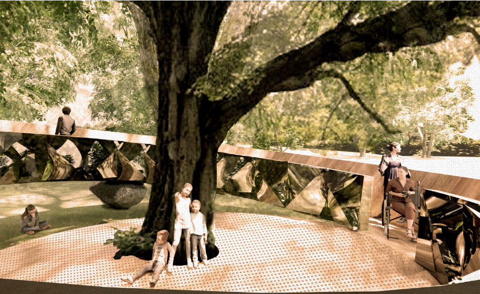 Render of proposal. The project includes a tree in the centre of a wooden angled ring that can be occupied. The interior is kaleidescopic and people are seeing sitting and standing under the tree.