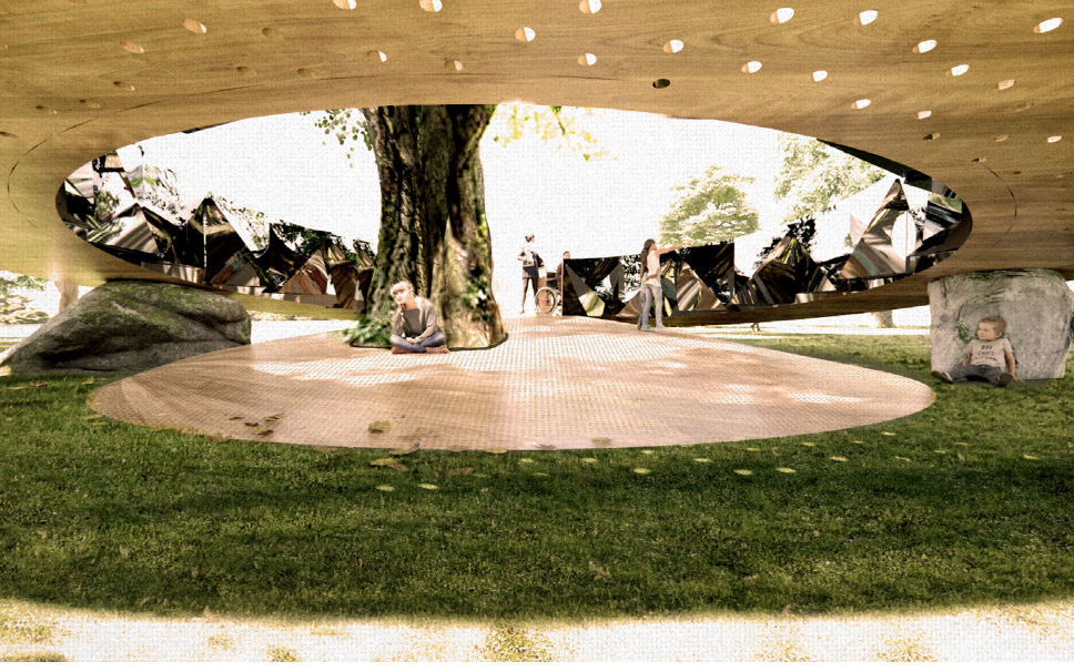 Render of proposal. The project includes a tree in the centre of a wooden angled ring that can be occupied. The interior is kaleidescopic.