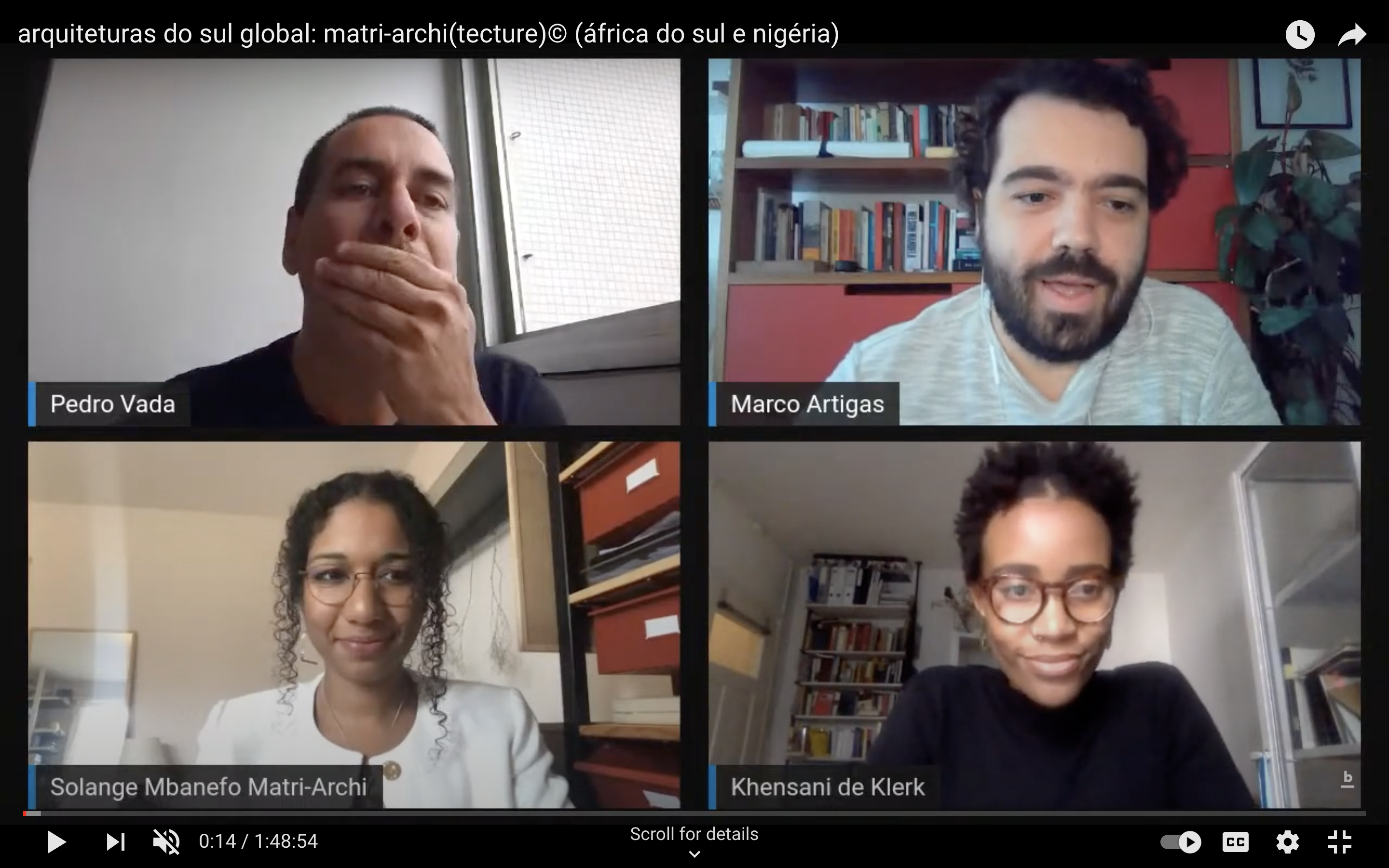 Image still from talk showing participants. Two are women of colour. Two are fair skinned Brazlian men.